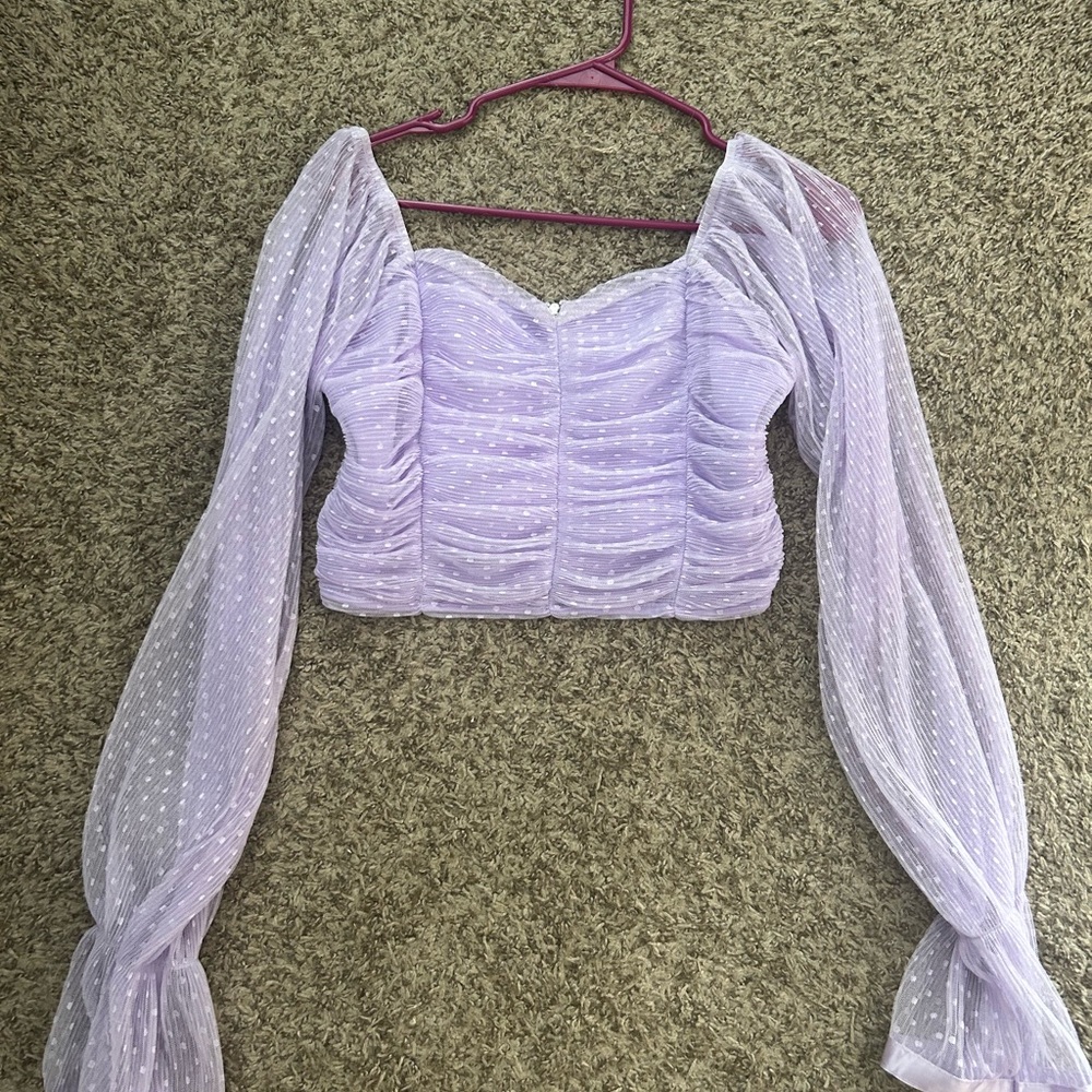 Purple / Lilac top. Sheer sleeves. Zip up back. So cute!